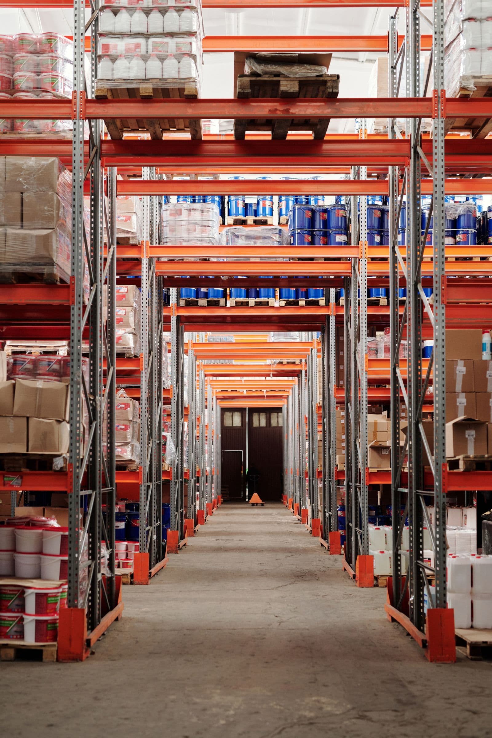 Rows of shelving in a clean, organised storage warehouse